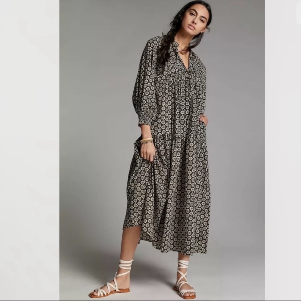 Anthropologie Black and White Floral Midi Dress